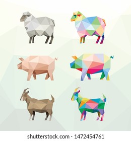 SHEEP EWE GOAT PIG ANIMAL FARM LOW POLY LOGO ICON SYMBOL SET. TRIANGLE GEOMETRIC POLYGON