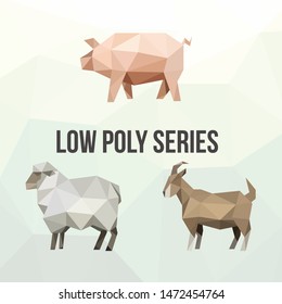 SHEEP EWE GOAT PIG ANIMAL FARM LOW POLY LOGO ICON SYMBOL SET. TRIANGLE GEOMETRIC POLYGON