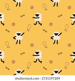Sheep exercise cartoon so cute. On jump rope basketball dumbbell yellow background. Pattern seamless vector illustration. 