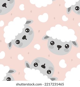 Sheep face with big eyes and cheeks on a pastel pink dashed background with hearts. Kids pajama, fabric and textile seamless pattern print. Baby products cover design.
