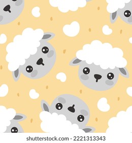 Sheep face with big eyes and cheeks on a pastel yellow  dotted background with hearts. Kids pajama, fabric and textile seamless pattern print. Baby bedding design.
