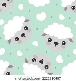 sheep face with big eyes and cheeks on a pastel color mint green dotted background with hearts. Kids pajama, fabric and textile seamless pattern print. Baby bedding design.