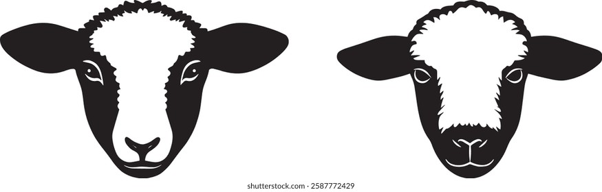 Sheep Face Vector Illustration, Black and White Design