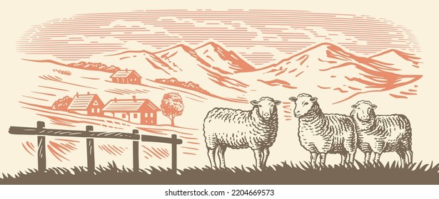 Sheep farm in Alps. Village meadow hand drawn sketch