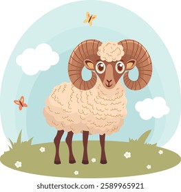 Sheep. Farm animals with landscape - cute cartoon vector illustration