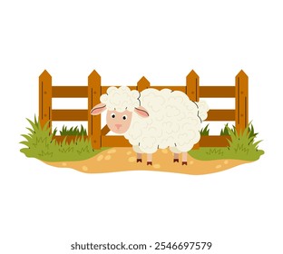 Ovejas. Una granja o un animal doméstico. Campo. Valla de madera con hierba verde y arbustos. Ilustración vectorial plana.