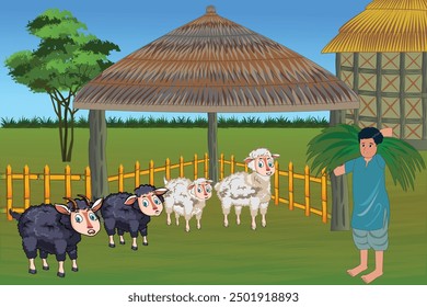 In the sheep farm, the farmer brings green grass for his sheep. A hay shed  with a bamboo fence  nicely surrounds the sheep house