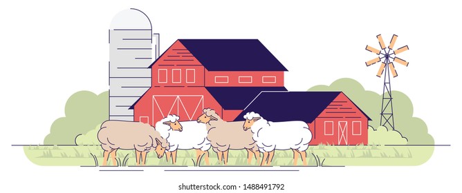 Sheep farm flat vector illustration. Livestock farming, animal husbandry cartoon concept. Sheeps grazing on farmyard pasture. Village farmland with barnyard, rural ranch. Wooden red barns buildings