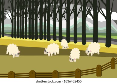 Sheep farm, a flock of sheep on dry grassland near mountain in country side  in gloomy day of winter season. Vector illustration flat design for banner, poster, and web background.