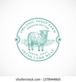 Sheep Farm Framed Retro Badge or Logo Template. Hand Drawn Sheep and Farm Landscape Sketch with Retro Typography. Vintage Sketch Emblem. Isolated.