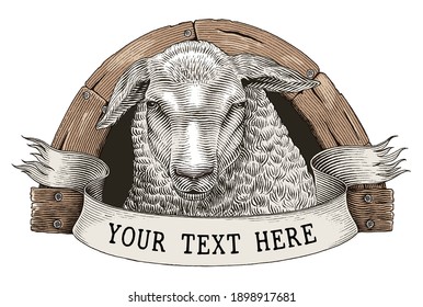 Sheep farm logo hand draw vintage engraving style clip art isolated on white background