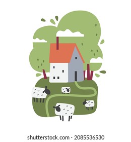 Sheep farm. Sheep and rams graze in the pasture. Rural landscape, icon, vector flat illustration.