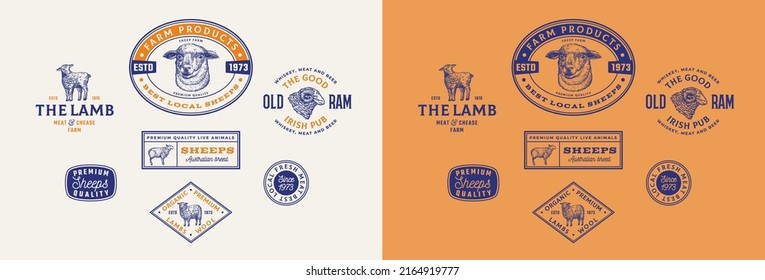 Sheep Farm Retro Framed Badges or Logo Templates Collection. Hand Drawn Lamb, Ram and Sheep Face Animals Sketches with Retro Typography. Vintage Sketch Emblems Set. Isolated