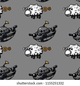 sheep farting and flying ufo seamless pattern