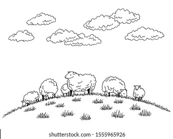 Sheep feeding grass on the hill graphic black white sketch illustration vector