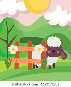 sheep fence flowers trees meadow farm animal cartoon vector illustration
