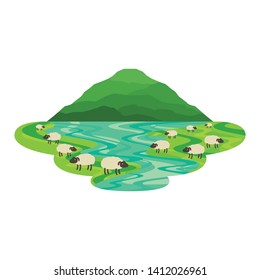 Sheep in the Field with Lake Countryside Landscape Vector
