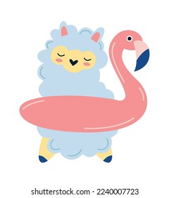 Oveja en flamingo inflable círculo icono plano vacaciones de invierno. Ilustración del vector