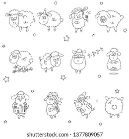 Sheep flat hand drawn vector black and white characters set isolated on white. Cartoon illustration