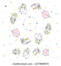 Sheep flat hand drawn vector color characters set isolated cartoon illustration