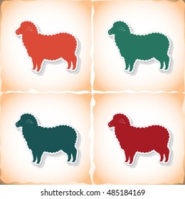 Sheep. Flat sticker with shadow on old paper. Vector illustration