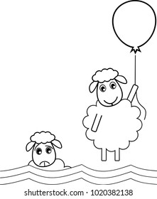 A sheep flies off with a balloon to get out of a bad situation