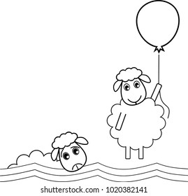 A sheep flies off with a balloon to get out of a bad situation