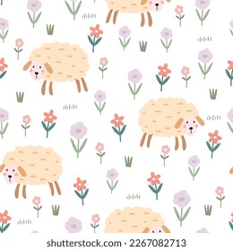 Sheep with flower gardens Seamless pattern on the white background Hand -drawn designs in cartoon style Used for textiles, prints, fashion, wallpaper, vector illustration