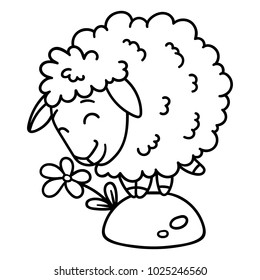 Sheep with a flower. Isolated objects on white background. Vector illustration. Coloring pages. Black and white illustration.