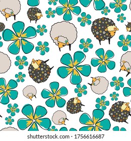 Sheep and flowers dark sheep on white background, seamless vector pattern surface design
