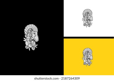 sheep and flowers vector illustration black and white