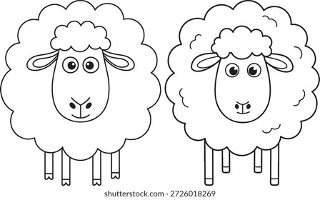 Ovelha com lã fofa ilustração fofa. Desenho de animais de criação. Arte em preto e branco.