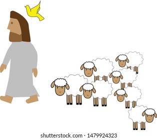 sheep following jesus christ with bird above illustration icon - vector 