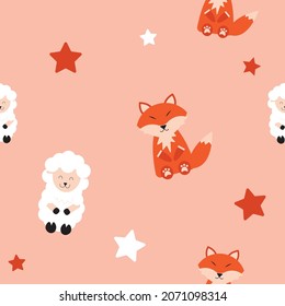 sheep and fox are friendly and happy to stay together seamless pattern for print or fabric