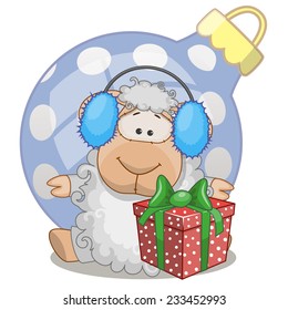 Sheep in a fur headphones with gift 