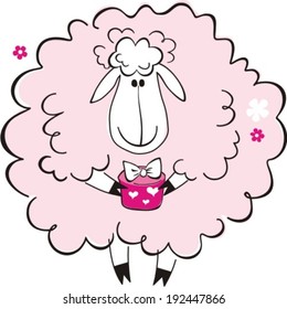 Sheep with a gift on a white background. Vector illustration 