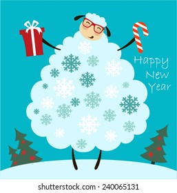 sheep with a gift in their hands wishes a happy new year illustration