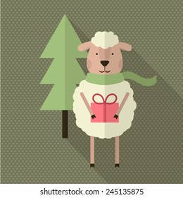 Sheep with gift and tree. Flat style vector illustration.
