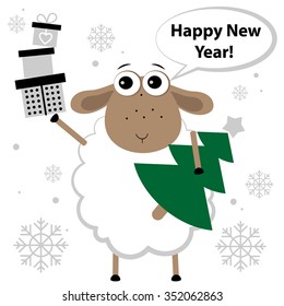 sheep with gifts and Christmas tree. Vector illustration
