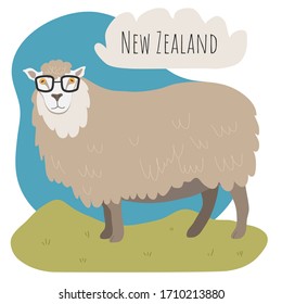 Sheep with glasses in a green meadow. New zealand animals.