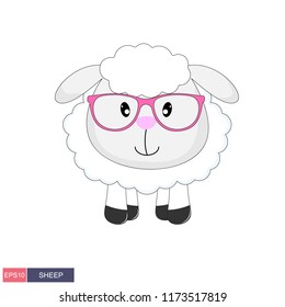 Sheep with glasses isolated white background. Sweet kids graphics for t-shirts. Greeting card.