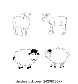 Sheep, goat and he-goat, black and white vector illustration in cartoon style for coloring book