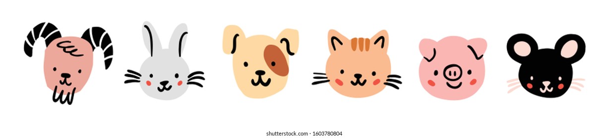 Sheep, Goat, Mouse, Rabbit, Dog, Cat, Pig Round Face Head Icon Set. Cute Farm Animals. Cute Cartoon Character. Funny Baby Kids Print. Flat Design. White Background Isolated