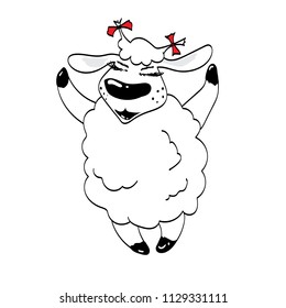 The sheep goes on a journey. Drawing in Scandinavian style. Without background