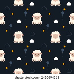 Sheep good night cartoon so cute. On star cloud balloon background. Pattern seamless vector illustration. 