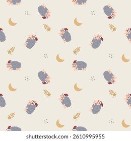 Sheep gray cartoon so cute. On meteor moon background. Pattern seamless vector illustration. 