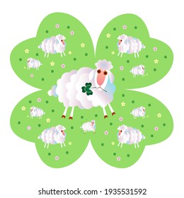 Sheep graze in a meadow in the form of a lucky clover leaf .Illustration for St. Patrick's Day.The theme of nature, ecology and more.