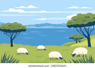 Sheep graze on a green meadow against the backdrop of a lake and mountains. Beautiful pasture with sheep on the shore of the sea or lake. Vector illustration of a landscape with sheep.