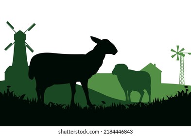 Sheep graze in pasture. Picture silhouette. Farm pets. Rural landscape with farmer house. Domestic animals wool. Isolated on white background. Vector.