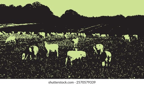 
Sheep grazing in field abstract